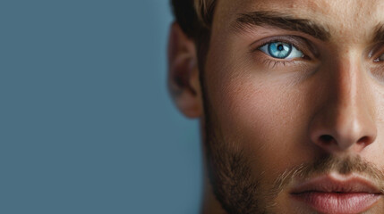 Obraz premium A close-up view of a man with striking blue eyes, showcasing the clarity and intensity of his gaze