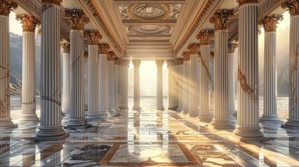 Corridor with Roman columns and bright light antique Greek or Roman architecture with massive columns