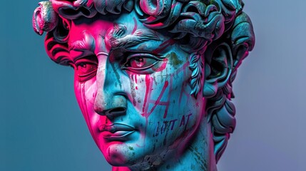 antique statue painted and painted with graffiti style inscriptions, modern art, street art