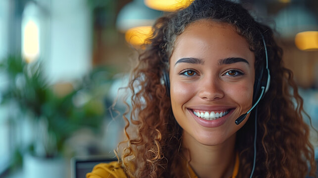 A friendly support rep with a headset, smiling in a bright, minimalist office.
