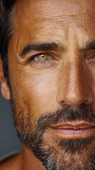 Obraz premium A detailed view of a mans face showcasing his beard, skin texture, and eyes
