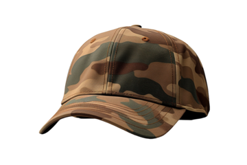 Stealthy Camouflage: A Camo Baseball Cap on a White Background on White or PNG Transparent Background.
