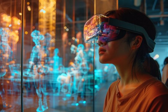 Embracing Innovation: Diverse Users Interacting with AR Holographic Overlay in High-Resolution Futuristic Setting