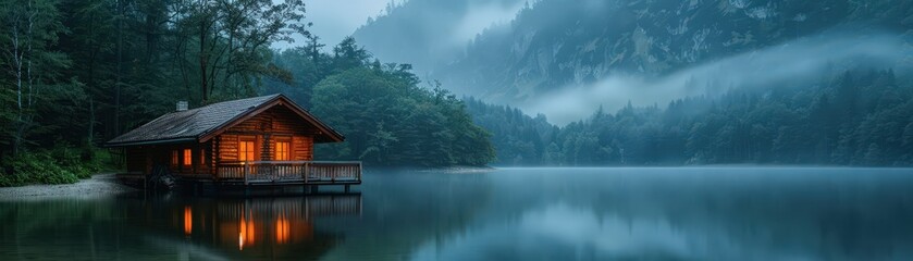 Fototapeta premium Cozy Wooden Cabin by a Serene Lake in a Misty Mountain Landscape at Dawn