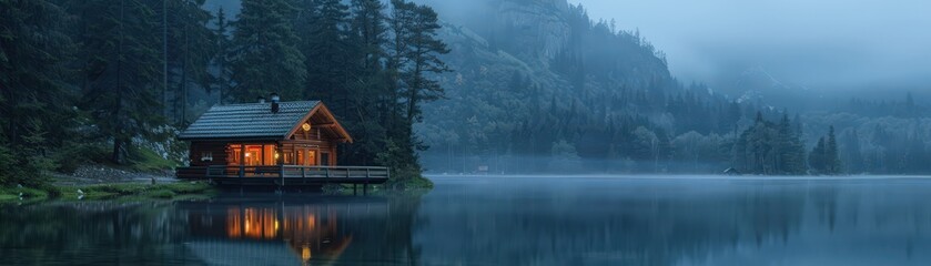Fototapeta premium Cozy Cabin by the Lake in a Misty Forest at Dawn with Warm Lights and Reflections