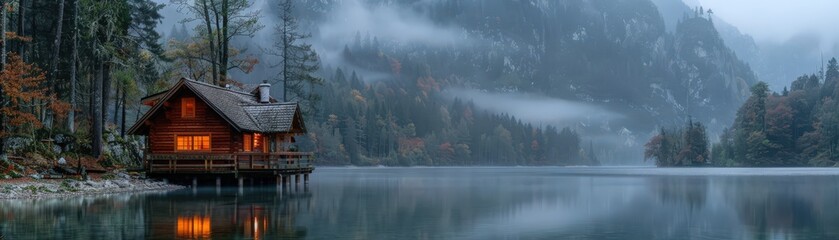 Fototapeta premium Cozy Wooden Cabin by a Serene Lake in Misty Mountain Landscape During Autumn