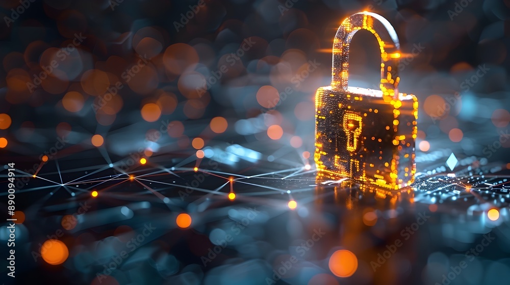 Poster cybersecurity concept with digital padlock and business network in the background representing techn