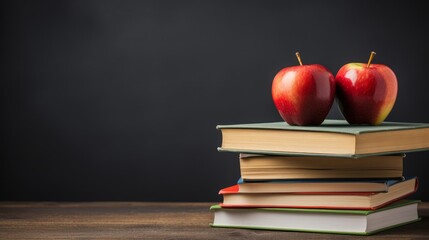 red apples resting on the book with chalk board as background