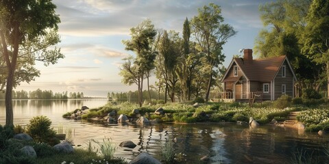 Obraz premium Tranquil Escape. Cozy cottage surrounded by nature