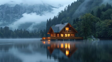 Fototapeta premium Cozy Wooden Cabin by a Misty Lake with Mountain Background and Warm Lights at Dusk