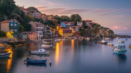 A calm body of water with a row of colorful houses and boats