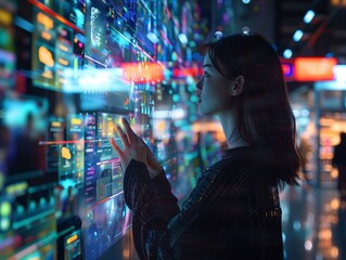Obraz premium Futuristic Shopping Experience: Customer Interacting with Holographic Display