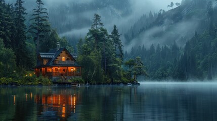 Fototapeta premium Cozy Wooden Cabin by a Misty Lake in a Serene Forest with Mountains in the Background at Dusk