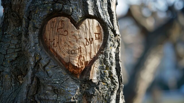 Fototapeta Heart carved in tree bark with inscriptions