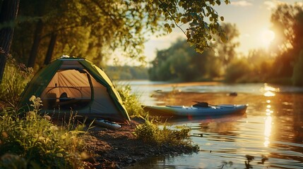  A tranquil camping scene with a kayak on the river, a tent set up on the bank, and the sun setting in the background. 
