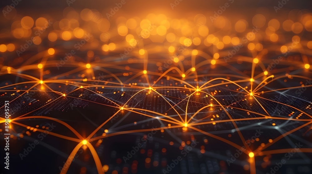 Poster interconnected business network represented by digital communication lines and nodes on a map