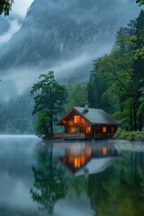 Fototapeta premium Cozy Cabin by Misty Lake with Mountain Background and Lush Greenery in Tranquil Forest Setting