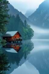 Fototapeta premium Serene Wooden Cabin by Misty Mountain Lake with Reflections and Lush Greenery in Early Morning Light