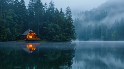 Fototapeta premium Cozy Cabin by Misty Lake in Serene Forest with Warm Light and Reflections