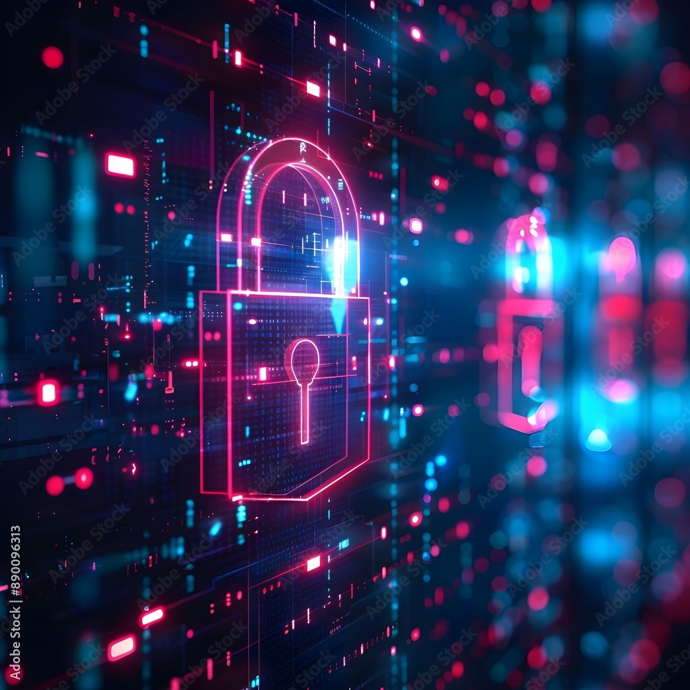 Poster cyber network security interface with digital locks and business data streams in futuristic neon glo