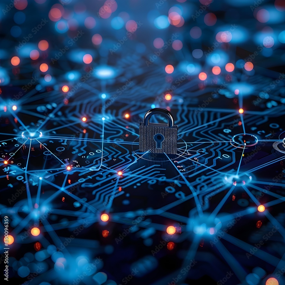 Poster cyber network security interface with digital lock and business data streams