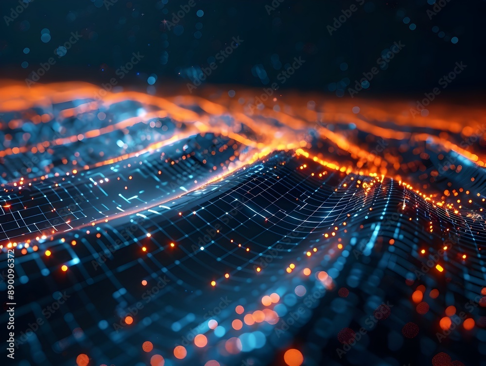 Poster glowing digital transformation concept with flowing data analytics and business technology networkin