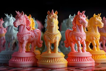 Fototapeta premium Chess board with vibrant horse figurines.