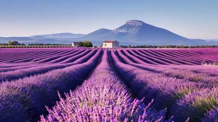 A field of lavender with a house in the background