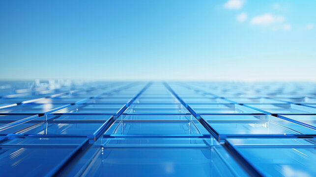 A sleek and modern business background featuring blue glass geometric arrangements with ample negative space