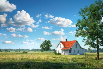 Obraz premium Serene Countryside Escape. Tranquil farmhouse surrounded by lush fields.