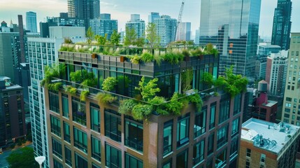 Naklejka premium Green rooftop garden on a contemporary urban building