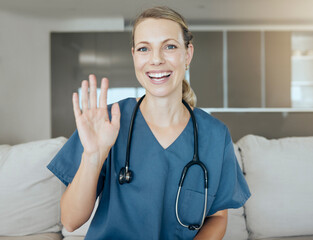 Happy woman, portrait and doctor with wave on sofa for video call, greeting or telehealth at home. POV of young female person, nurse or medical employee with smile for online healthcare or advice © Maass/peopleimages.com