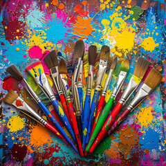 Fototapeta premium Artistic paintbrushes arranged on a colorful palette surrounded by vibrant paint splatters, representing creativity and expression