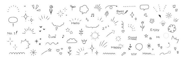 Doodle line elements of shiny pen. Heart, accent, star, icon with shiny decorations, flowers, heart.  Vector illustration.