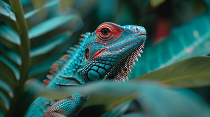 Fototapeta premium close-up of a colorful and textured lizard in a lush jungle