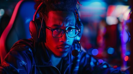 Obraz premium A dedicated gamer intensely strategizes in a high-pressure tournament, aiming for victory.