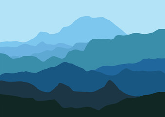 Obraz premium Mountain panorama. Banner with several layers of silhouettes of mountainous terrain. Hills with blue tone colors.