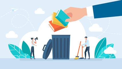 Devaluation of education and training. Paper pollution problem. Opened lid container for storing, recycling and sorting used household paper waste. Flat illustration