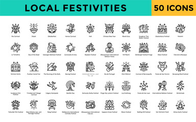 Local festivities icon set with rio carnival, diwali, oktoberfest, venice carnival, holi, chinese new year, mardi gras, songkran thai water festival, glastonbury festival icon. Simple line vector 
