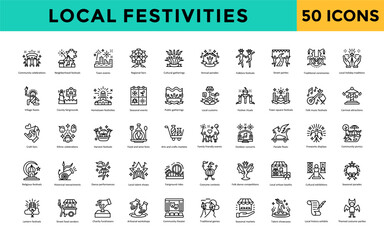 Local festivities icon set with community celebrations, neighborhood festivals, town events, regional fairs, cultural gatherings, annual parades, folklore festivals icon. Simple line vector 

