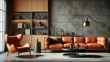 Modern Industrial Living Room with Leather Sofa and Stylish Decor.