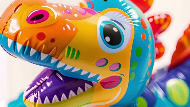An inflatable dinosaur playmate with a design straight out of a 1980s cartoon featuring bright colors and exaggerated features.