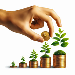 Man's hand placing silver coins on coins and trees growing on piles of coins, finance, business, investment, and growth concepts