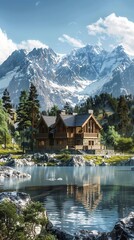 Fototapeta premium Serene Retreat. Mountain home offering fresh air and tranquility