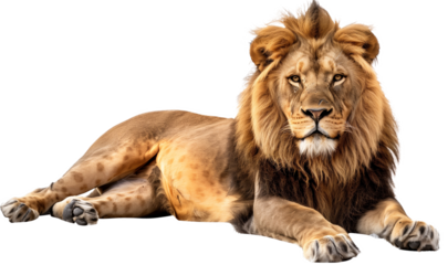 A stunning portrait of a majestic lion lying down, showcasing its powerful presence and regal mane. The detailed fur and intense gaze capture the essence of the king of the jungle