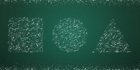 Square, circle and triangle shapes formed from a scattered arrangement of mathematical symbols. Vector illustration of green chalkboard with math signs