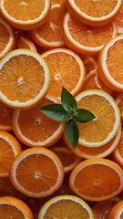 Fresh orange slices forming a vibrant background with green leaves
