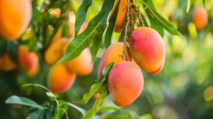 A bunch of ripe mangoes hanging from a tree