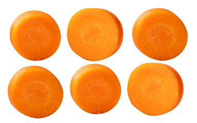 Top view set of orange carrot slices in circle shape isolated on white background with clipping path
