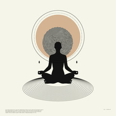 Minimalist spiritual art featuring meditating silhouettes with abstract circular patterns. Ideal for wellness, meditation, and tranquility themes or inspirational posters, digital art.	